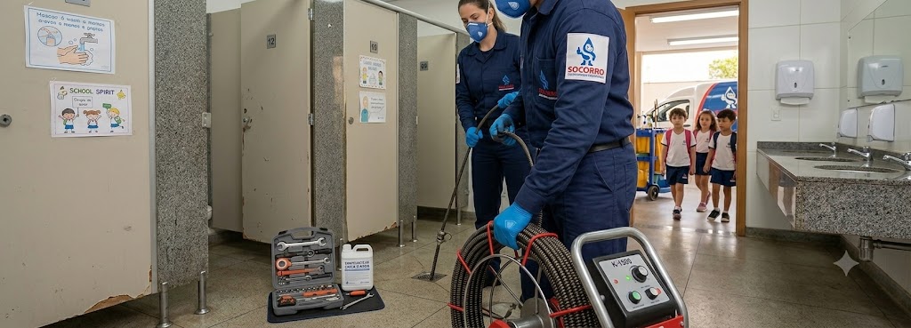 Profissional realizando Desentupimento e Manutenção Preventiva para Escolas, Colégios e Creches em Tubarão