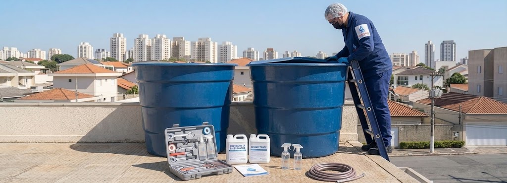 Profissional realizando Imunização e Desinfecção Bacteriológica de Caixas D'água em Tubarão